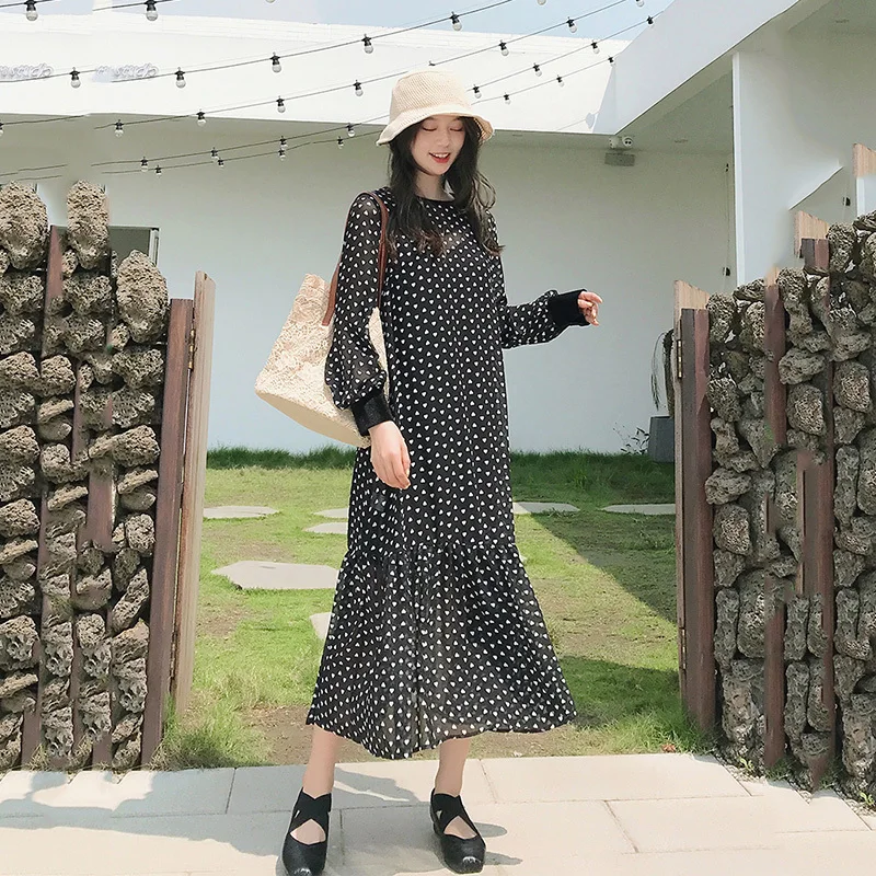 LANMREM Черное женское шифоновое платье с круглым вырезом и длинным рукавом принтом