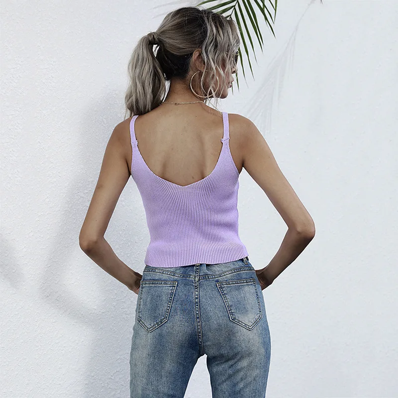 

Storyever Pure Color Short Cropped Sexy Vest Knitted Small Sling Top Women Summer Casual Tank Top Fashion Sexy Streetwear