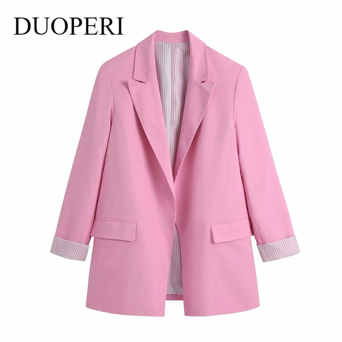

Женский блейзер с отложным воротником DUOPERI, однотонный пиджак с карманами, длинным рукавом, винтажная верхняя одежда, 2021