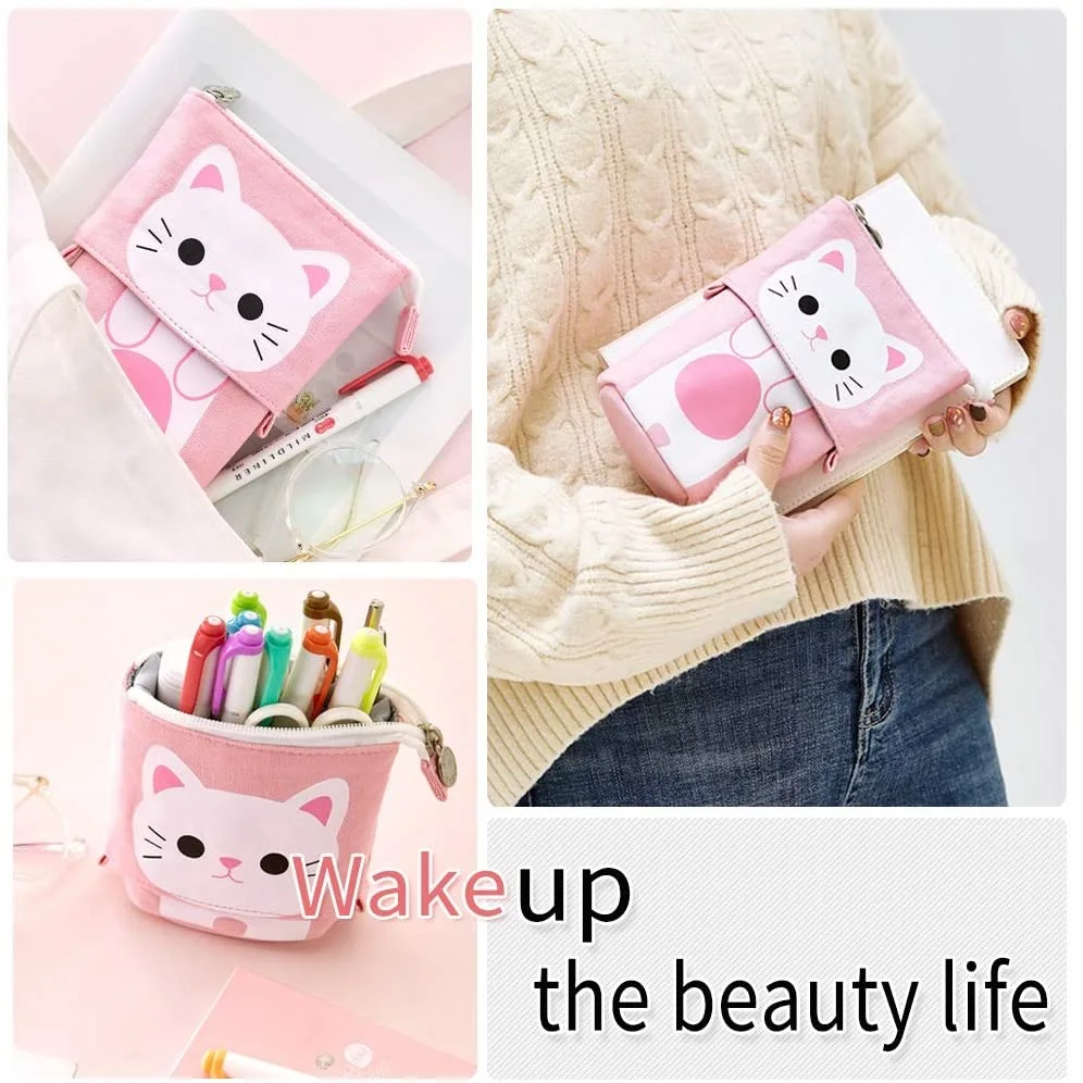 

Pen Pencil Bag Case, Cartoon Cute Cat Bear Sheep Canvas Fold Standing Holder Stationery Organizer Kids Gift A6445