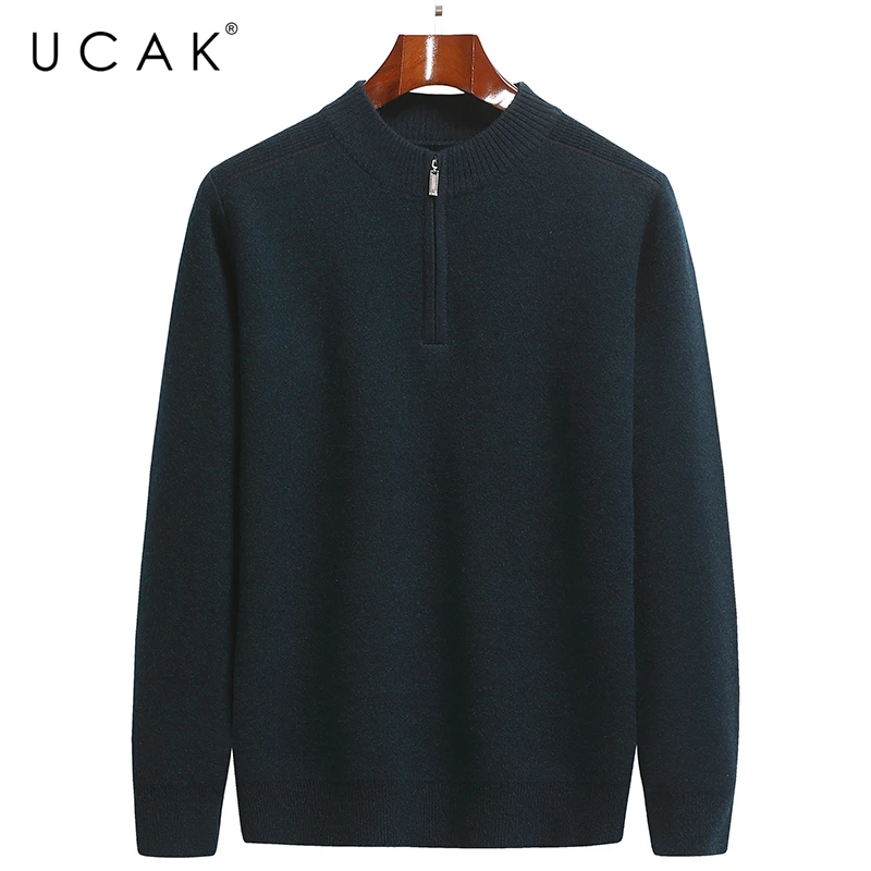 

UCAK Brand Casual Sweaters Men Clothing O-Neck Solid Color Streetwear Zipper Sweater Pull Homme Autumn Thick Pullover U1277