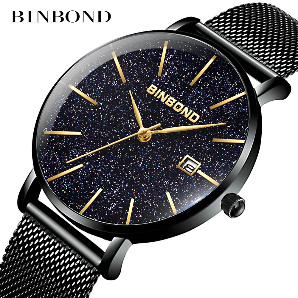 

New Ultra-thin Men's Watches Starry Sky Design Dial Fashion Business Stainless Steel Mesh Band Calendar Watch Dropshipping