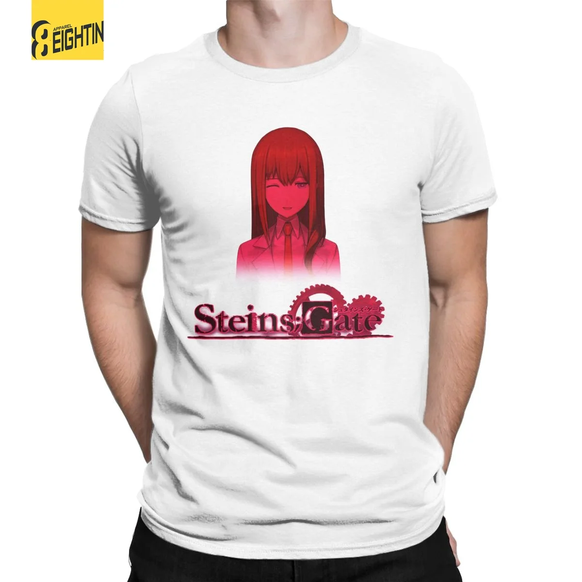 

Men T-Shirts Steins Gate Kurisu Makise Anime Vintage Pure Cotton Tee Shirt Short Sleeve RED ALERT T Shirt Crewneck Clothes Gift