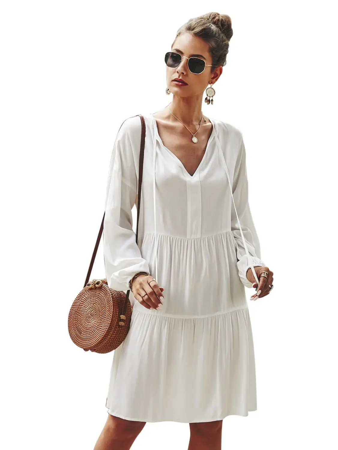 2020 весеннее летнее Новое Женское прямое платье с рукавами-фонариками на шнуровке