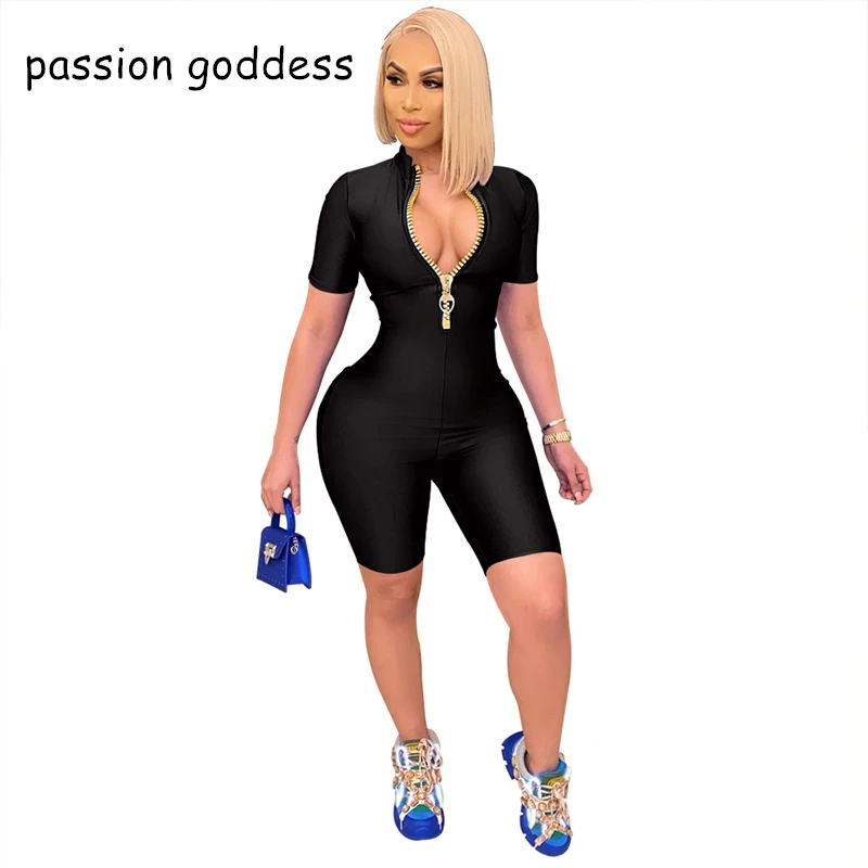 

Plus Size Summer One Piece Skinny Rompers Womens Jumpsuit Casual Biker Shorts Zipper Stand Collar Sexy Bodycon Bodysuit Playsuit