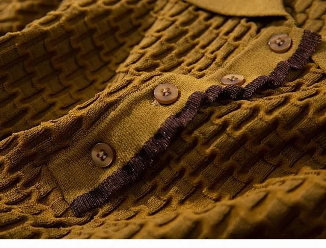 

Women Knitwear Tees Turn-down Collar Three-dimensional Texture Knitted Short Sleeve T-shirt with Buttons