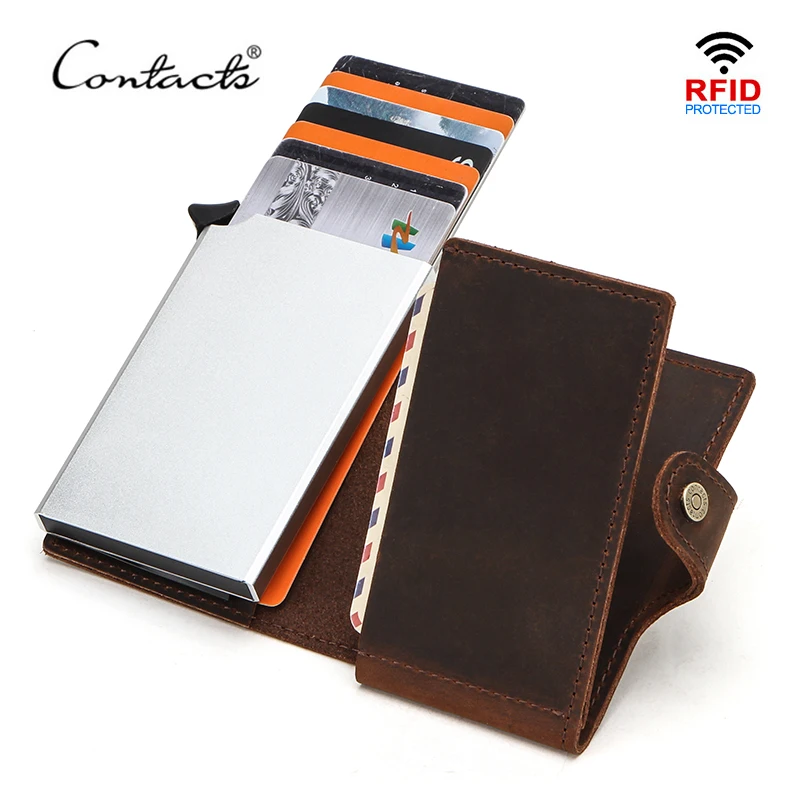 

CONTACT'S RFID Blocking Crazy Horse Leather Men Wallet Credit Card Holder Aluminium Box for Men Women Automatic Pop Up Card Case