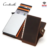 contacts rfid blocking crazy horse leather men wallet credit card holder aluminium box for men women automatic pop up card case