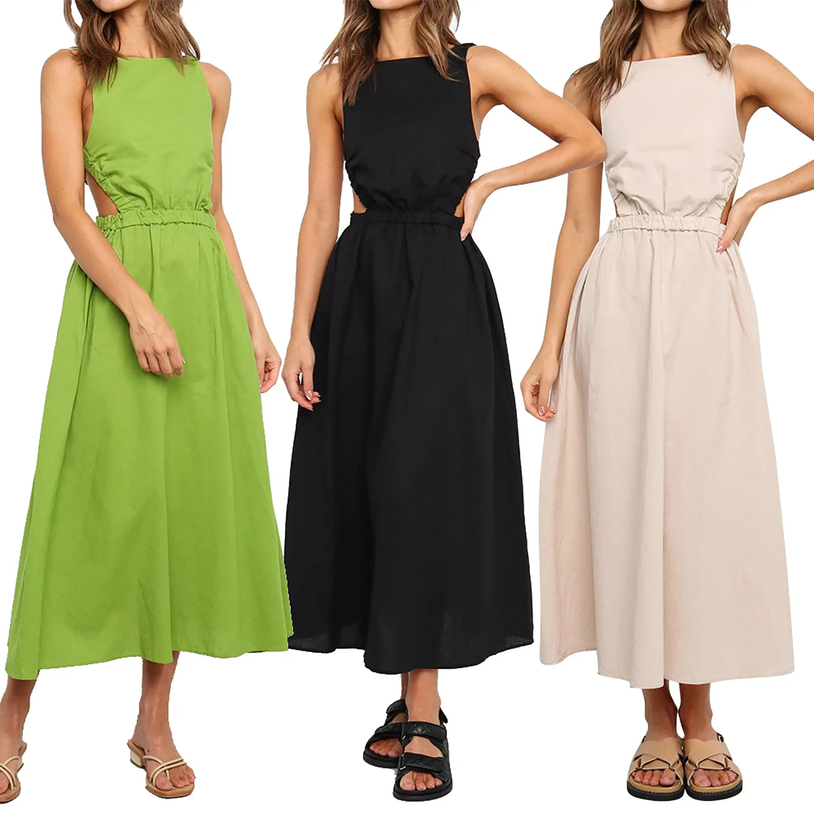 

Женское платье макси на бретельках с открытой спиной, однотонное ТРАПЕЦИЕВИДНОЕ платье без рукавов с круглым вырезом и поясом на резинке, о...