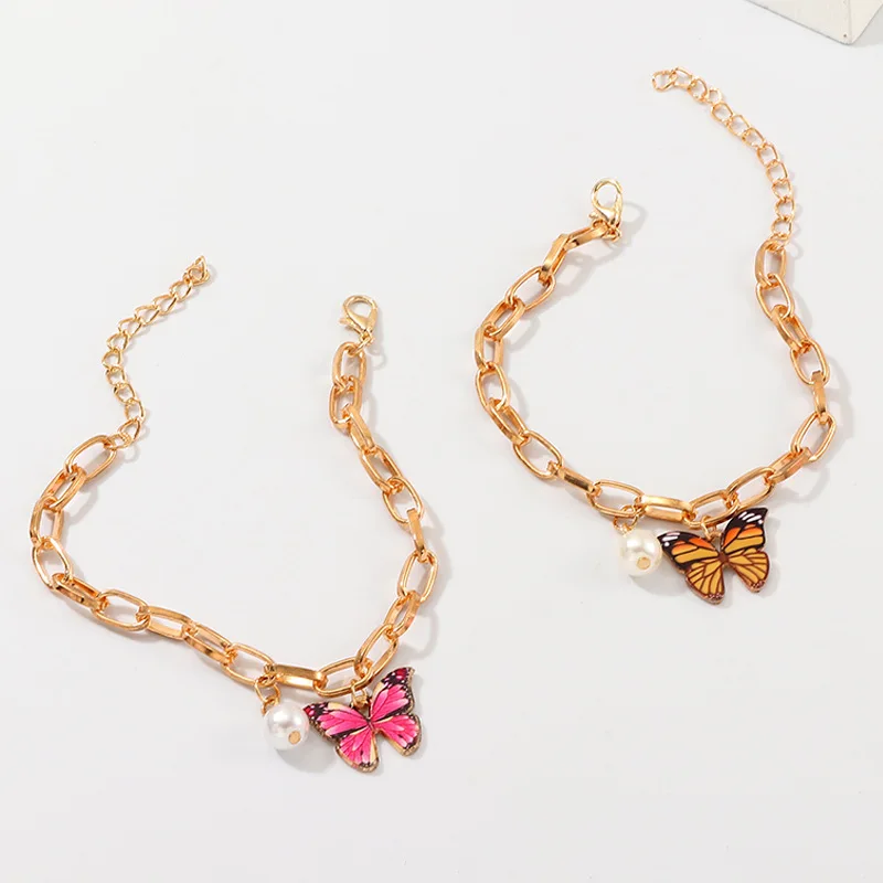 

Rainbow Butterfly Charm Bracelet for Women Girl Gold Color Alloy Chain Simulated Pearl Pendant Bracelet Party Jewelry Gift