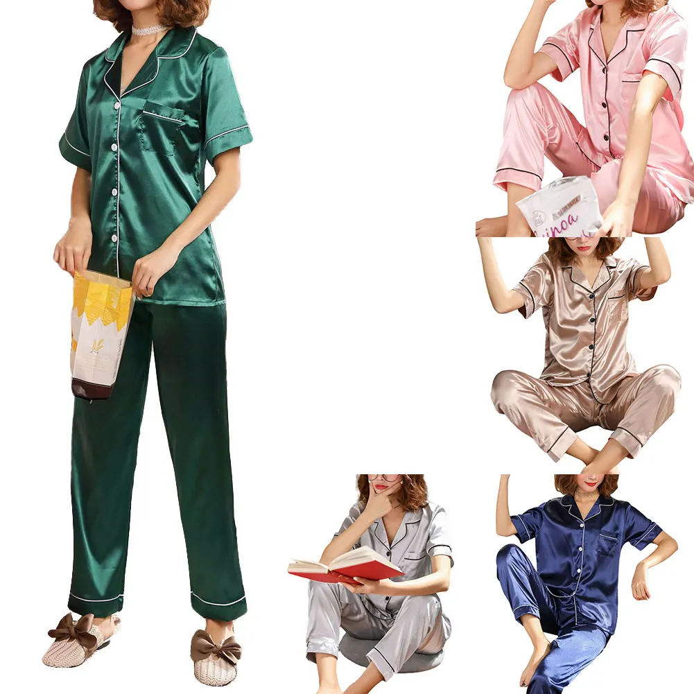 

Womens pajamas night wear solid color pockets V-neck buttons