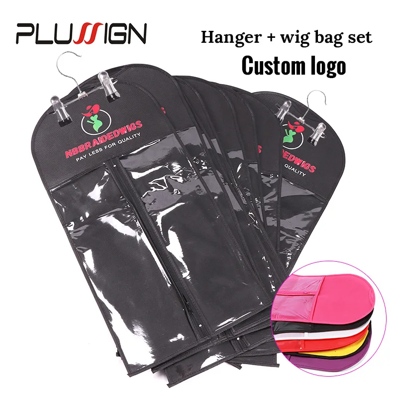 Plussign 20 Sets Custom Logo Wig Bag Non Woven Fabric Wig Storage Bag With Zipper Wig Storage Bag With Hanger For Hairpiece