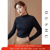 dushu women long sleeves basic black knitted sweaters women half high collar slim white pullover female retro bottoming shirts