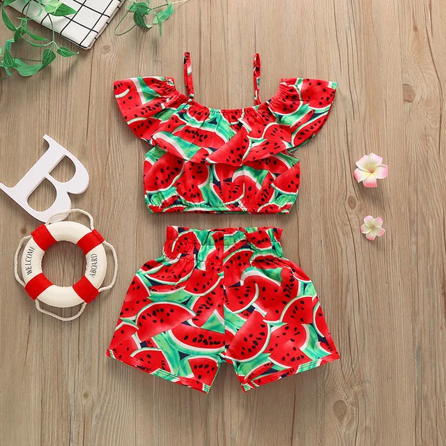 

Pudcoco Toddler Baby Girl Clothes Watermelon/Sunflowers Print Ruffle Off Shoulder Strap Tops Short Pants 2Pcs Outfits Summer Set