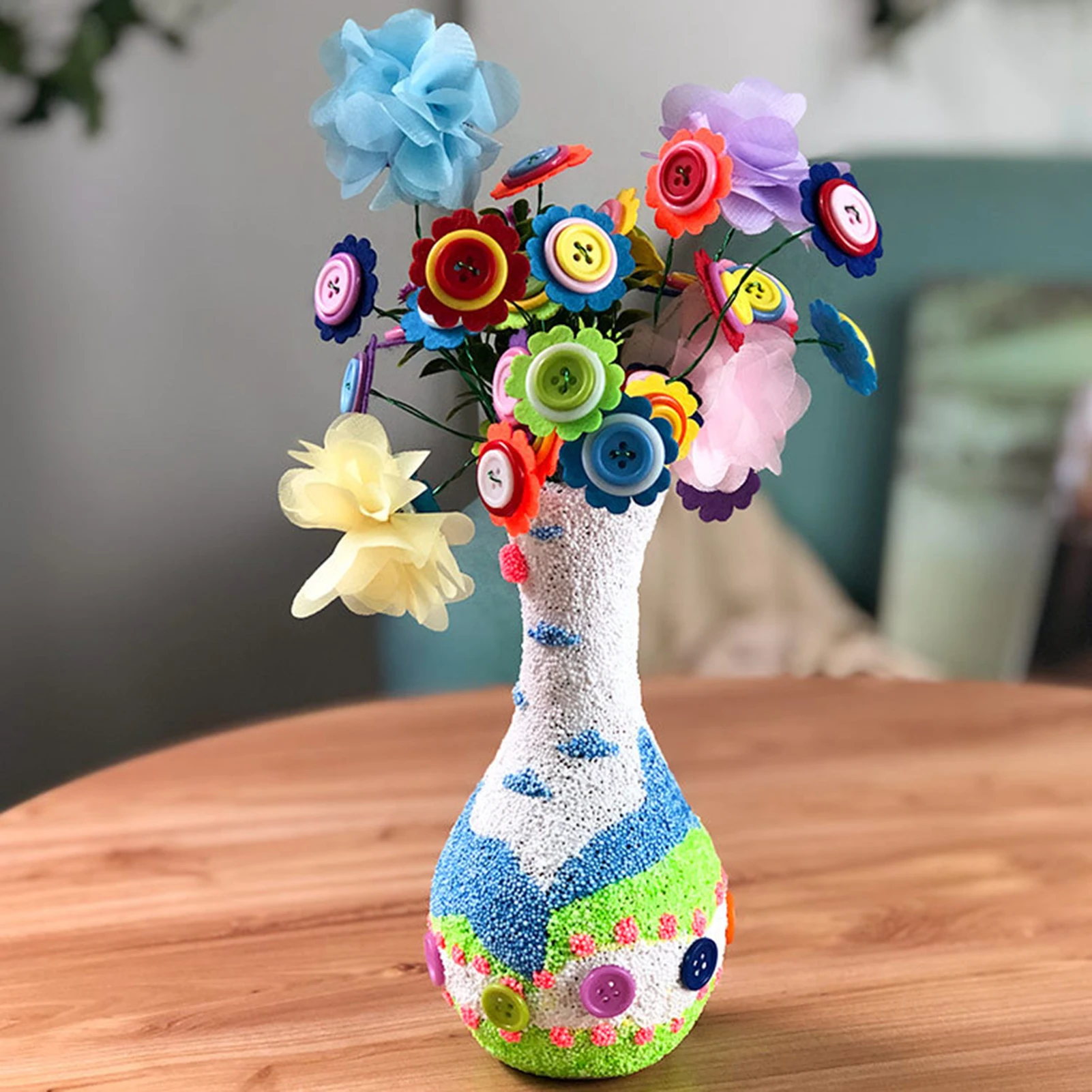 Ramo de flores hecho a mano con botones para ni&ntilde;os, juguete artesanal, Ornamnet, regalo de Navidad-3