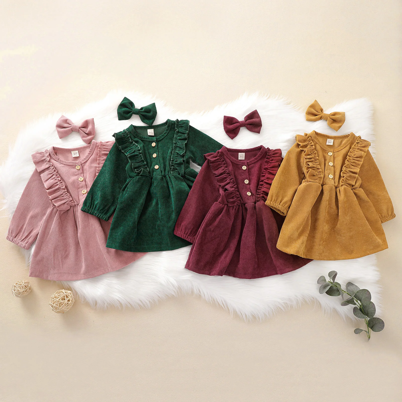 

Toddler Baby Girl Princess Dress Long Sleeve Round Collar Ruffle Corduroy Dress Buttons Pleated Fall Dress with Headband 6m-5Y