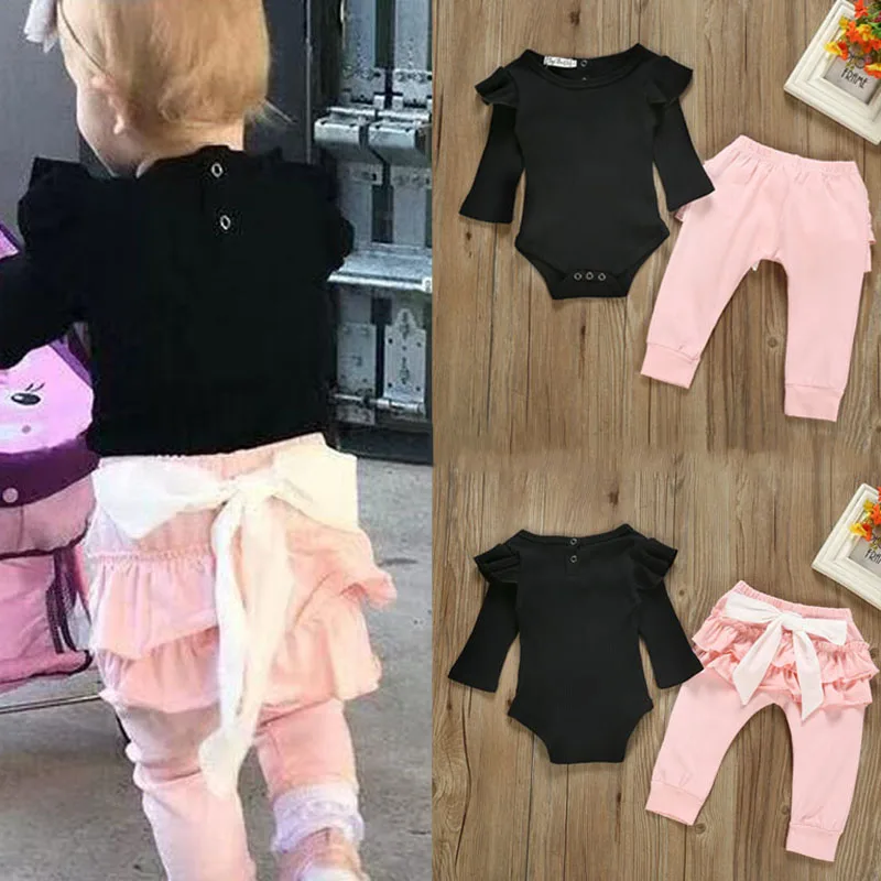 Autumn Baby Girl Casual Solid Print Long Sleeve Cotton Romper Tops Pants Outfits Set | Мать и ребенок