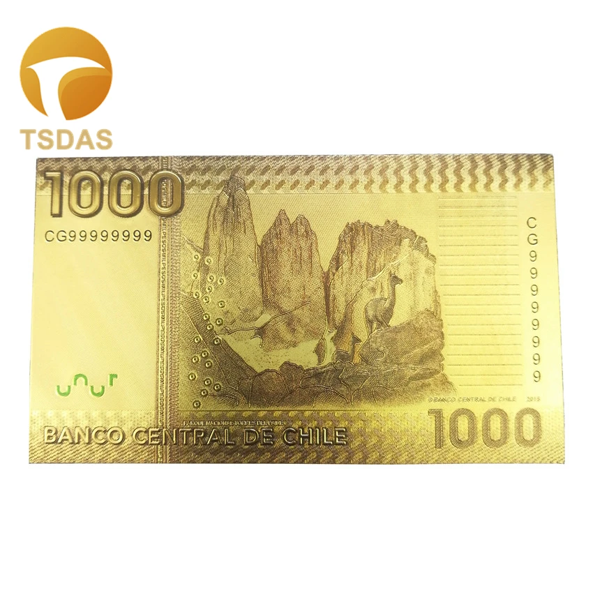 Цветные золотые банкноты Чили 1000 Pesos с покрытием 24 каратным золотом поддельные
