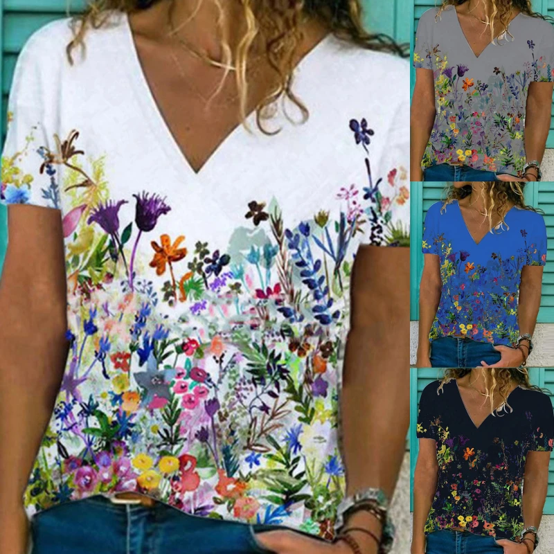 

Summer Women V-neck Slim Short Sleeve Tops Temperament Commuter Floral Print Pullover All-match Lady T Shirt
