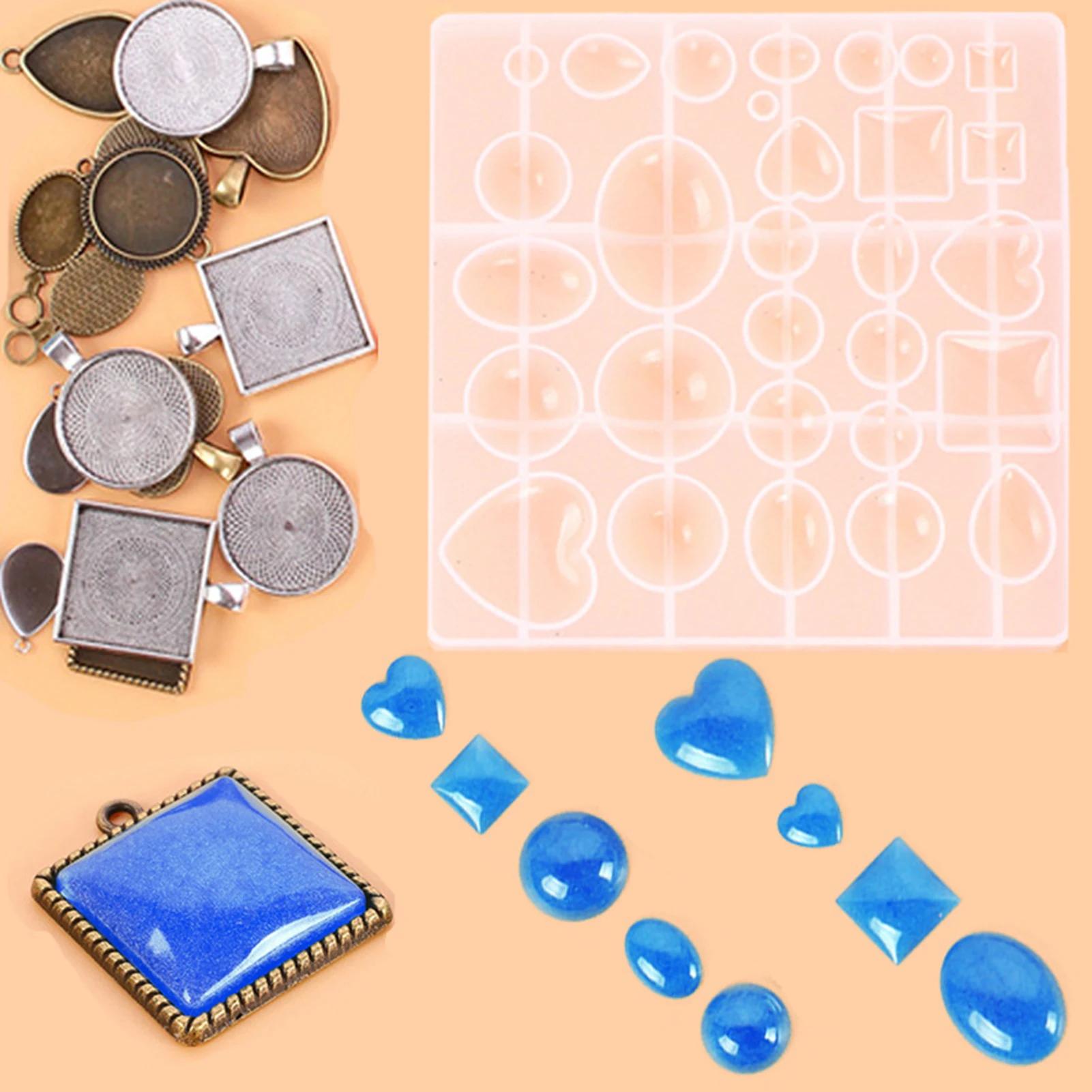 

35PCS Crystal Glue Silicone E-arrings P-endant J-ewelry Mold with Tray Handmade DIY Making Tool for Party Masquerade Makeup Use