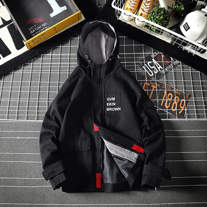 

Японские повседневные куртки и пальто с капюшоном, однотонные толстовки на молнии с буквенным принтом, пальто для мужчин, осенняя одежда, св...