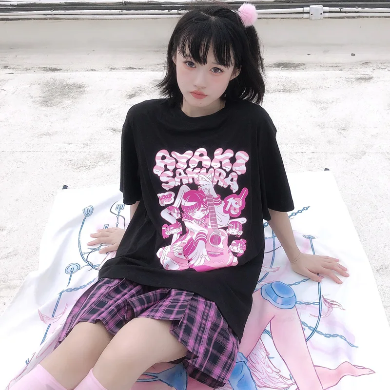 

Drak Kawaii clothes Korea pop E-girl guitar print Crop Harajuku Tops Summer Gothic Style O-neck Short Sleeve Women ins T-shirts