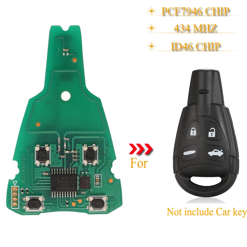 

jingyuqin 10pcs/lot 4 Buttons Remote Car Key Circuit Board Fob 434Mhz ID46 Pcf7946 Chip For SAAB 9-3 9-5 2003-2010 LTQSAAM433TX
