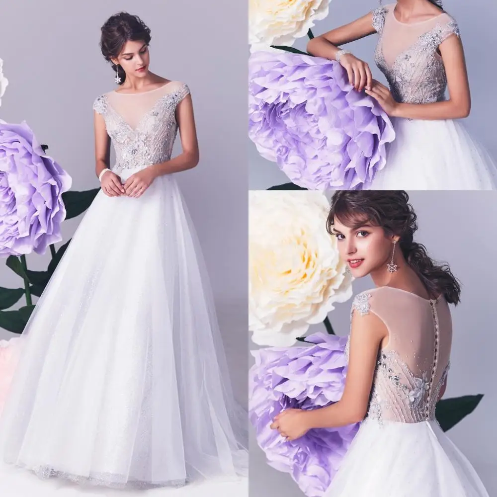 

2020 Fashion Prom Dresses Jewel Capped Sleeve Lace Appliques Beads Evening Gowns Button Back Sweep Train Special Occasion Dress