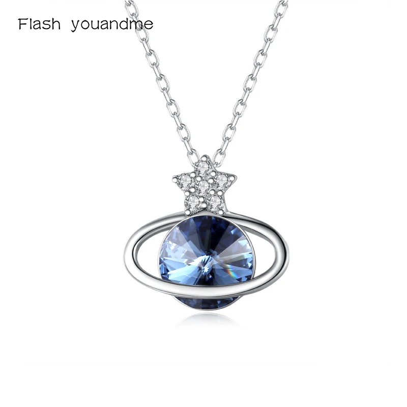 

Real 925 Silver Roaming The Planet Necklace Pendant Zirconia Silver Light Blue Necklace For Women Elegant Fine Jewelry Gift