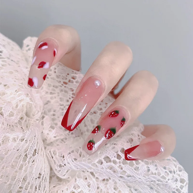 

Fake Press On Strawberry Printed Nail Patch Glue Type Removable Long Paragraph Fashion Manicure Nail Full Cover Art Tools