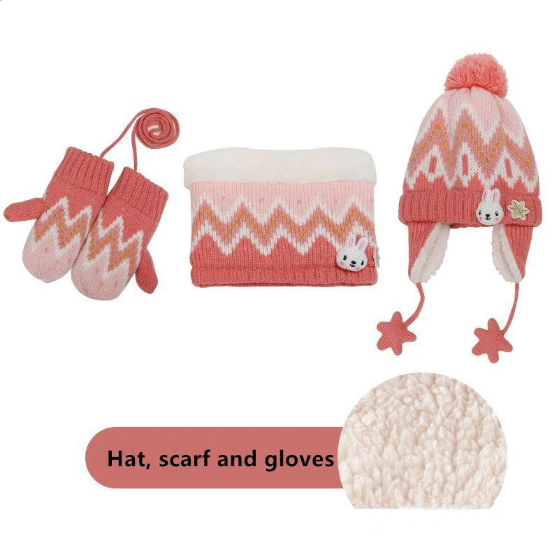 Gloves Hat And Scarf Зимний детский шарф, шапка и наборы с перчатками, детская шапка со снежинками и шарфом из мультфильма, теплые бархатные шапочки - Цвет: Gloves Hat And Scarf