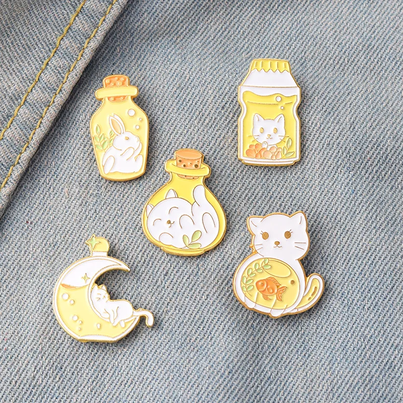 

Drink Kitten Brooch Little White Rabbit Brooch In A Bottle Cat Eating Fish Shape Brooch Exquisite Cute Moon Cat Badge Pin