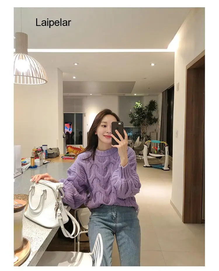 

Autumn Winter Women Sweaters Solid Knitted Korean Style Oversize Pullovers Casual Knitwear Pink Tops