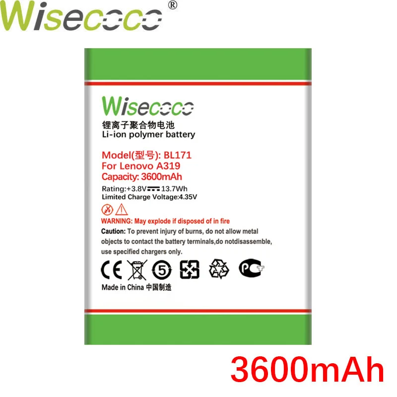 Аккумулятор Wisecoco 3600 мАч BL171 для телефона Lenovo A319 A60 A500 A65 A390 A368 A390T A356 A370E A376|Батареи