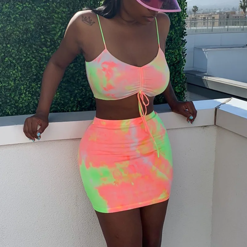 Neon Color Backless Dress Two Piece Set Club Outfit Women Spaghetti Strap Crop Top And Mini Skirt Sexy Summer |