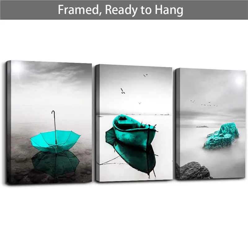 

Framed Black White Landscape Wall Pictures Blue Green Umbrella Canvas Art For Living Room Boat ocean Artworks Decoration Picture