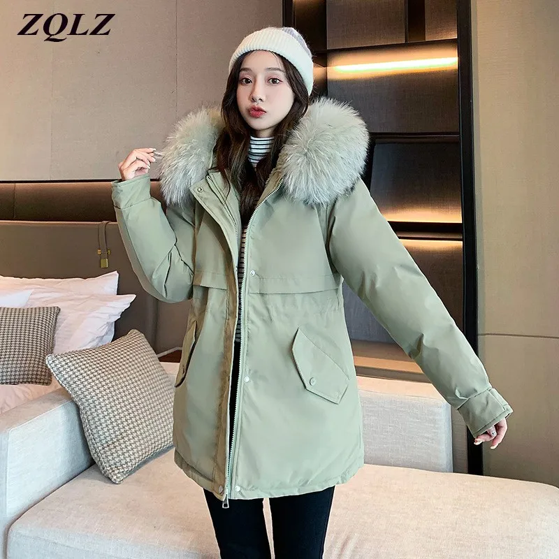 

ZQLZ Down Cotton Padded Coat Women Winter 2021 Long Parka Female Loose Solid Hooded Fur Collar Plus Size Warm Black Jacket Femme