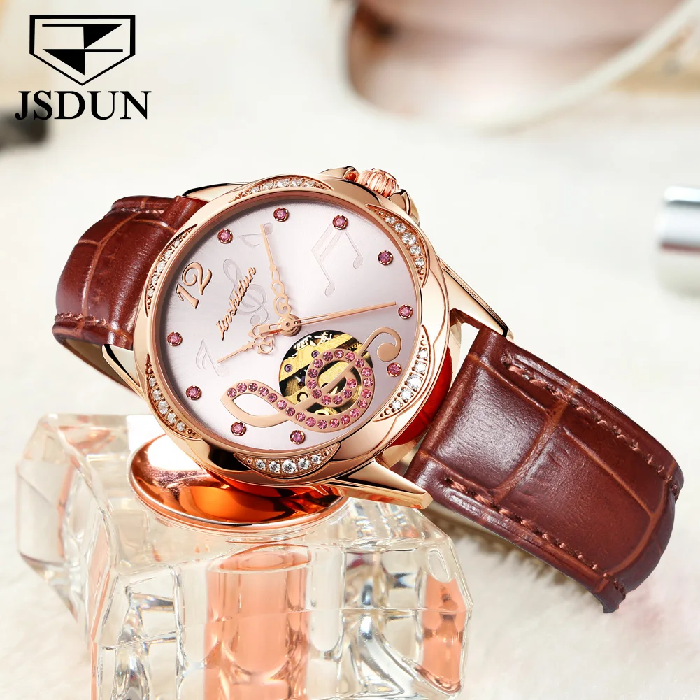 JSDUN Brand Elegant Ladies Fashion Watch Luxury Hollow Luxury Ceramic Steel Leather Waterproof Mechanical Automatic Watch 8820