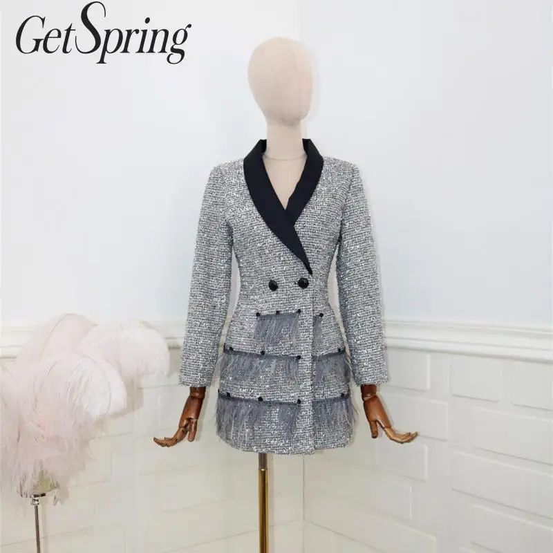 Getвесенний Женский блейзер с серебряными блестками двубортный пиджак длинным