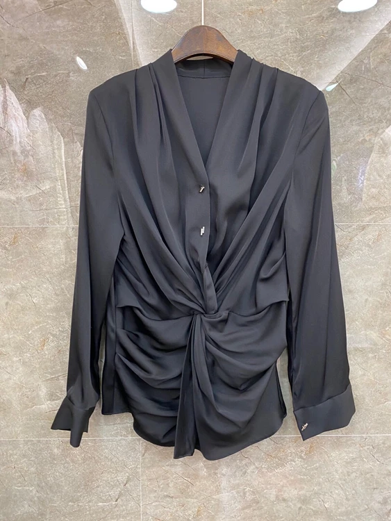 

2020 autumn and winter new fashion women's V-neck solid color decoration wrinkled twisted long-sleeved all-match shirt 1