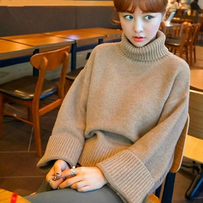 

WTIANYUW 2021 New Knit Sweater Korean Loose Oversize Wool Solid Office Ladies Turtle Neck Vintage Pullover Long Sleeve