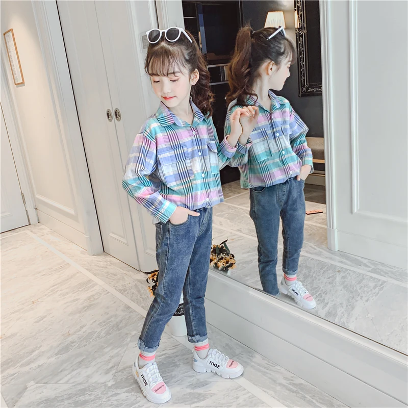 Kids Casual Blouses Spring Fall Girl Cotton Long Sleeve Color Blocking Plaid Shirts Tops Children Sweet Garments Clothing B252 | Детская