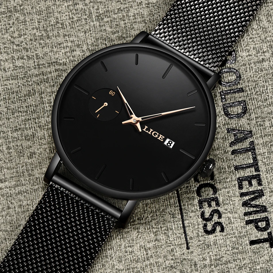 LIGE желтые кварцевые часы с указкой мужские лучший бренд роскошные простые со