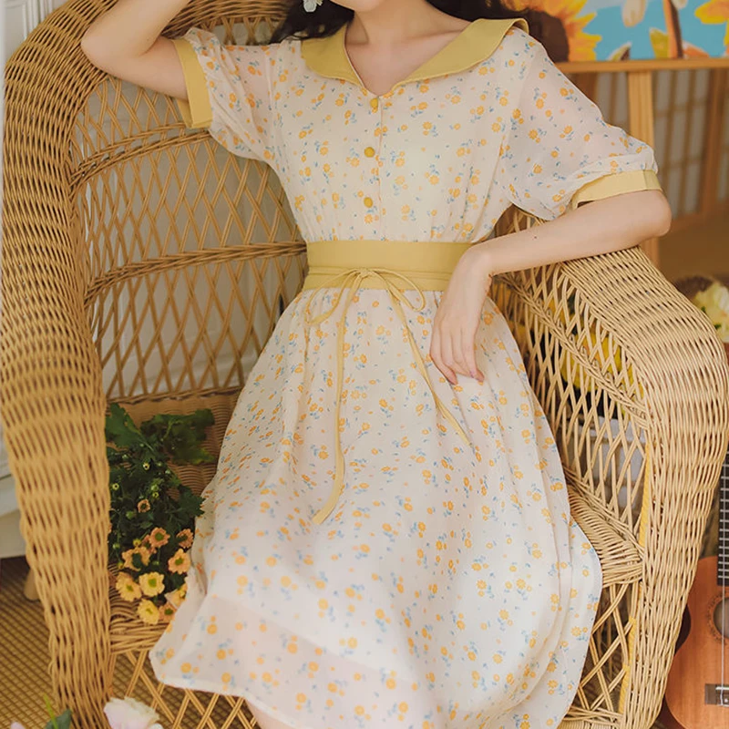 

French Sweet Cute Floral Peter Pan Collar Chiffon Party Dress Casual High Waist Bandage Women Dress Summer Japanese Style Dress