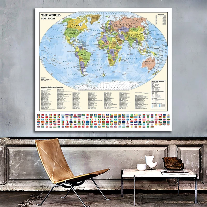 

The World Political Map Wall Art Canvas Painting Home Office Decoration School Study Supplies Has Country Flag And Location