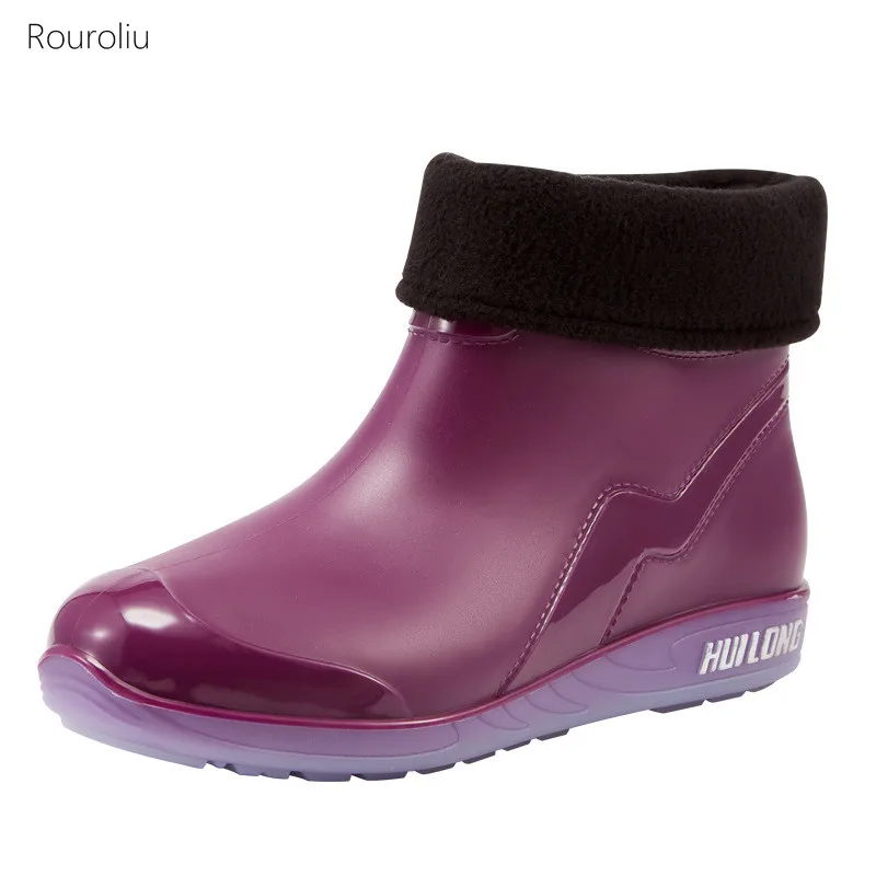 2021 New Fashion Slip-on Ankle Rain Boots Women Outdoor Warm Water Shoes Female Solid Color Platform PVC Rainboots