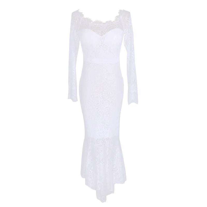 Белые вечерние платье летняя одежда с длинным рукавом вырезом лодочкой длинное