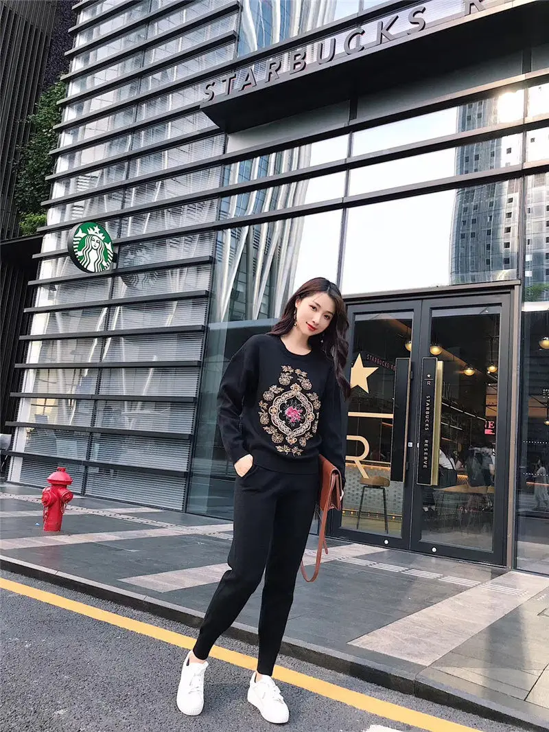 LUOSHA женский осенне зимний теплый вязаный пуловер с вышивкой свитер топ и штаны