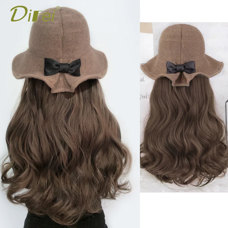 DIFEI 60CM Synthetic Long Wavy Butterfly Hat With Hair Autumn And Winter Natural Fashion Warm Hat Wig