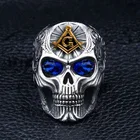 Винтажные масонские кольца из нержавеющей стали с синими кристаллами и черепом, вечерние мотоциклетные кольца в стиле стимпанк в стиле хип-хоп, крутые байкерские кольца для мужчин, ювелирные изделия